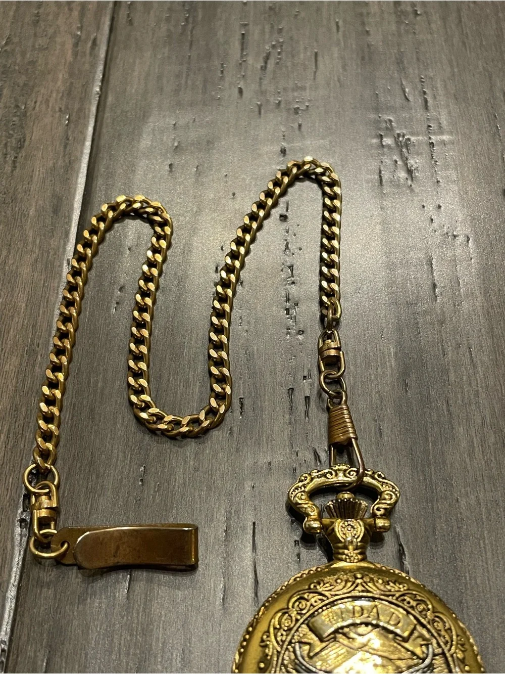 Milan Quartz Pocket Watch Hunter Eagle “DAD” Ornate Gold Tone w/ Chain